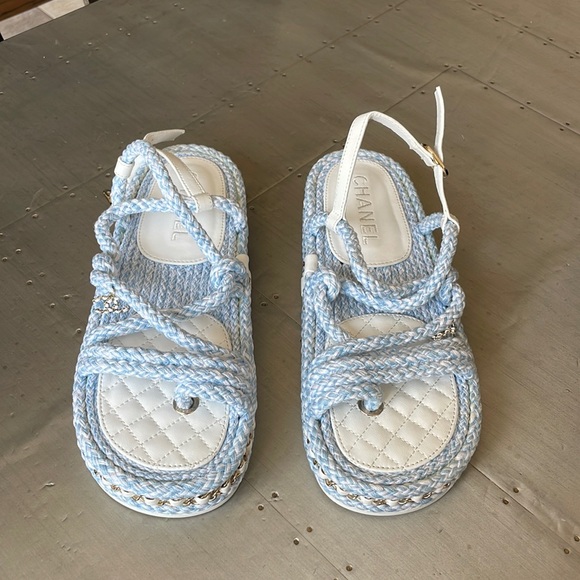 Chanel cord blue white chain charm sandal rope flats sz 39 with box $1425 - Picture 1 of 10